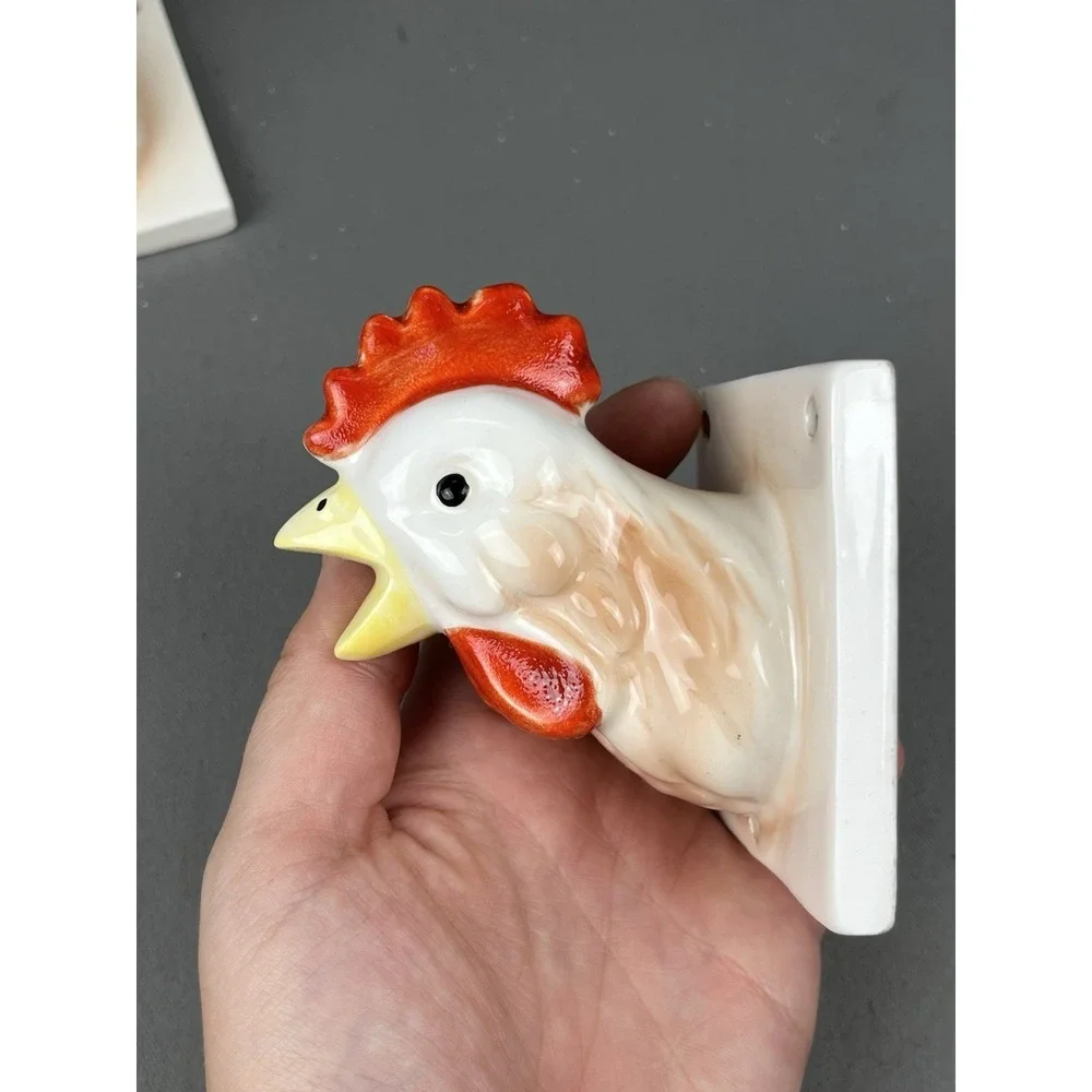 Vintage Ceramic Apron Towel Hook Holder Lot 2 Piece Chicken Duck Head & Hardware